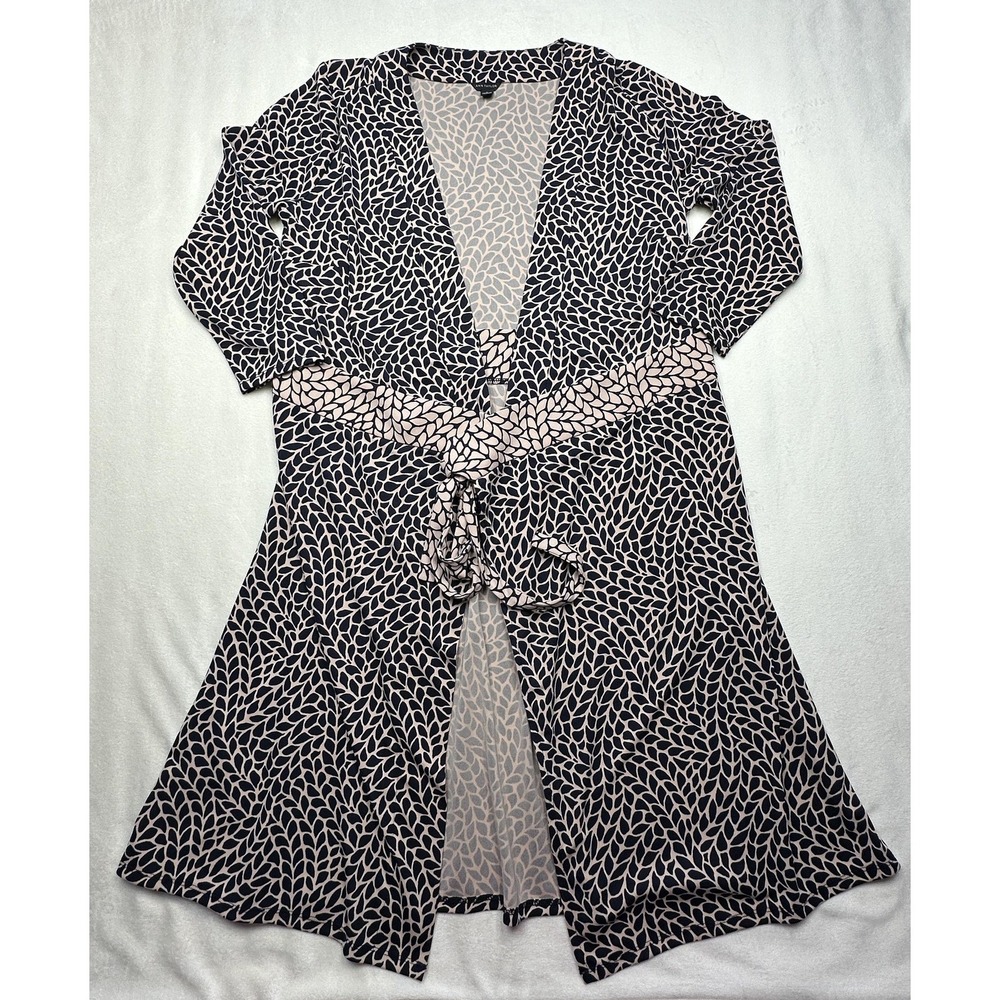 Ann Taylor Duster Womens 8 Blue Leaf Print Wrap Belted 3/4 Sleeve Jersey